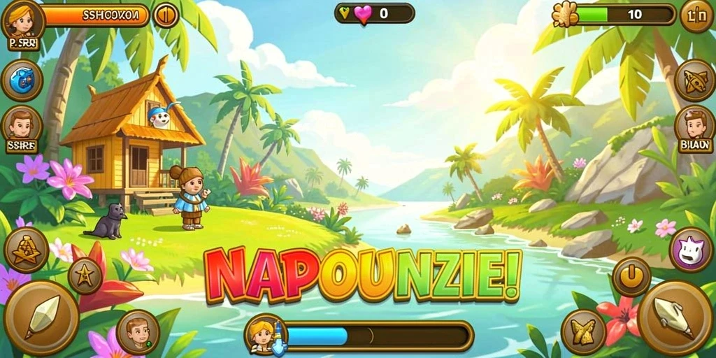 Screenshot menampilkan level pertama dengan grafis yang cerah.